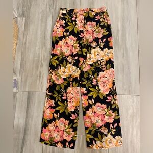 Loft Dark Black Pull-On Pink Floral Flowy Pants with Elastic Waist, small tall